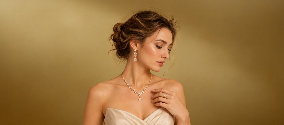 A woman in a champagne strapless gown models a rose gold necklace and matching drop earrings with clear gemstones against a warm gold background.