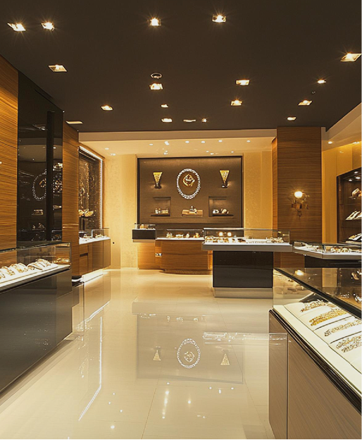 A luxury jewelry store interior with multiple display cases, warm wood-paneled walls, recessed ceiling lights, and a polished floor reflecting the boutique's elegant ambiance.
