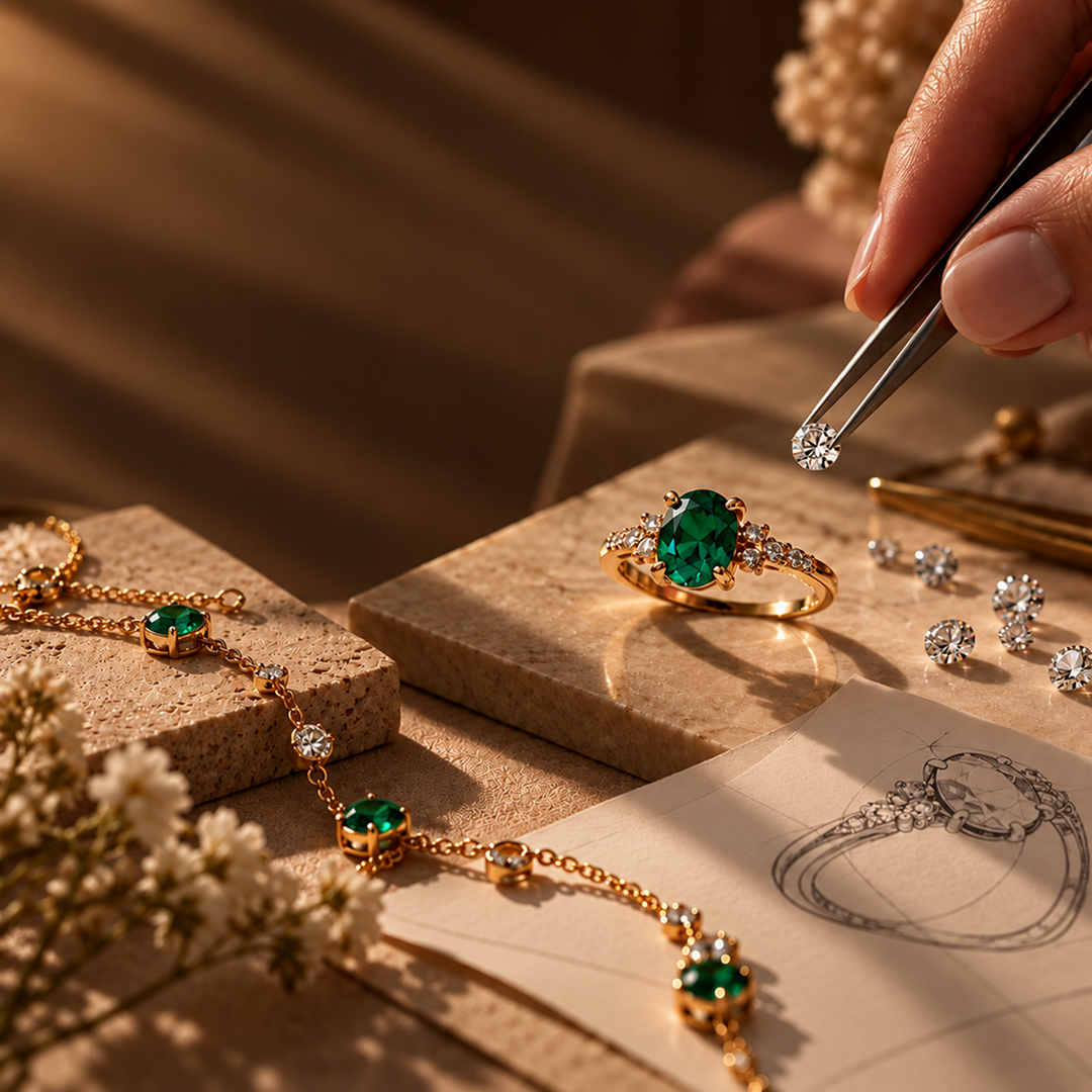 A close-up of a gold ring with a large emerald-cut green gemstone and small clear stones, with tweezers holding a loose diamond above it. A matching gold chain necklace with green gemstones is draped nearby on stone blocks, with jewelry papers and dried flowers in a warm, sunlit setting.