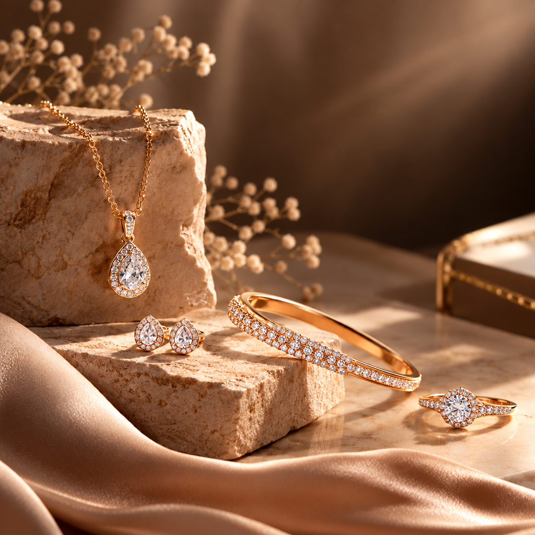 A gold jewelry set displayed on beige stone blocks and draped satin fabric, featuring a teardrop pendant necklace, matching earrings, a pavé bangle bracelet, and a ring with clear stones. The background is a warm, softly lit beige with dried floral accents.