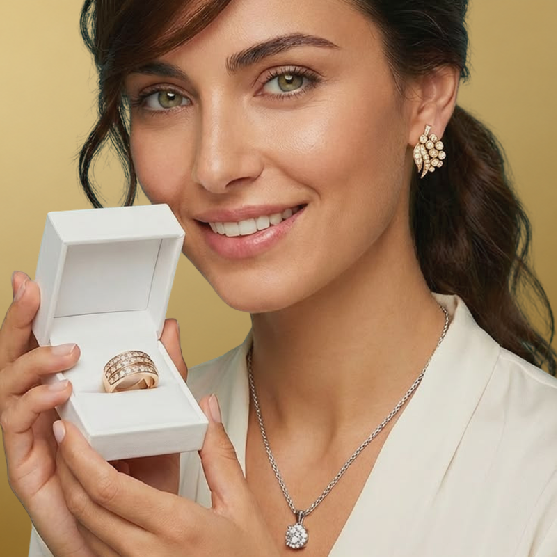 A woman holds an open white jewelry box displaying a rose gold ring, with matching rose gold and diamond jewelry visible on her hand and ear. She is wearing a silver chain necklace with a round diamond pendant against a warm beige background.3