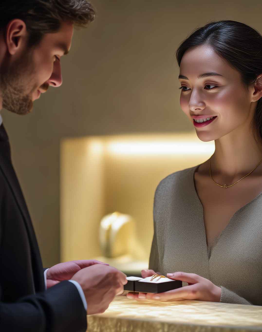 A man in a black suit presents a small black jewelry box to a smiling woman wearing a beige V-neck top. The box contains a gold ring with a white gemstone, set against a softly lit, warm beige background.